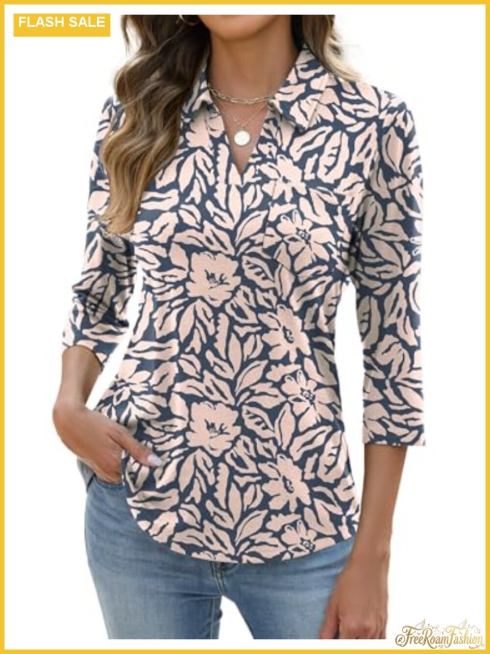 Womens 3/4 Sleeve V Neck Collared Polo Top with Pocket